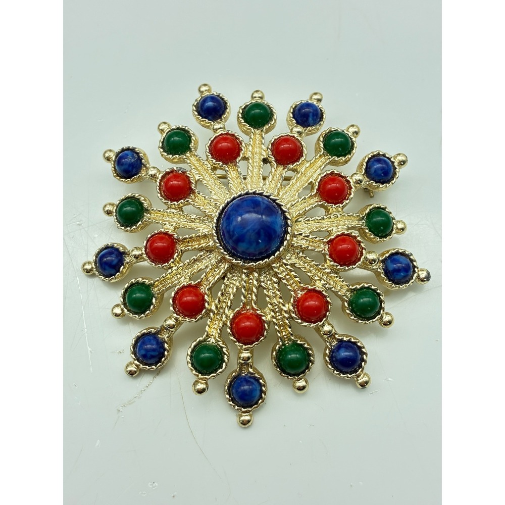 Vintage Sarah Coventry Gold Tone Multi Color Cabochon Sunburst Brooch Pin
